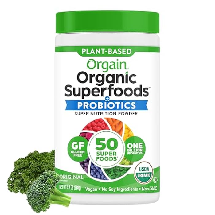 Orgain Organic Greens Powder + 50 Superfoods, Original - 1 Billion Probiotics for Digestive Health, Antioxidants, Vegan, Plant-Based, Gluten-Free, Non-GMO, Green Juice & Smoothie Drink Mix - 0.62lb - Image 1