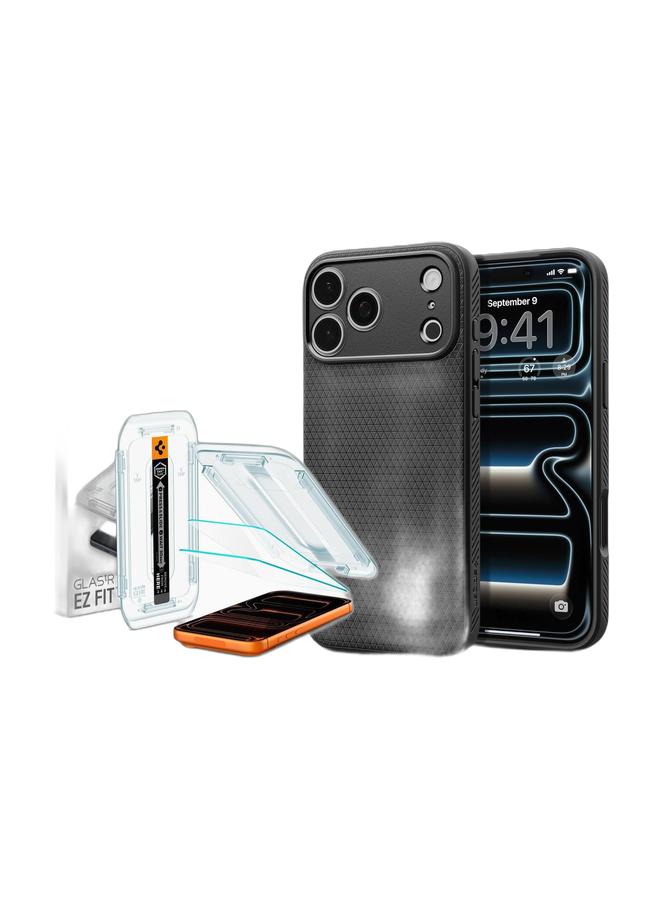 Spigen GLAStR EZ FIT Tempered Glass iPhone 17 Pro MAX / 16 Pro Max Screen Protector - Case Friendly with Sensor Protection [2 PACK] & Liquid Air iPhone 17 Pro Max Case Cover (2025) - Matte BlackBundle - Image 1