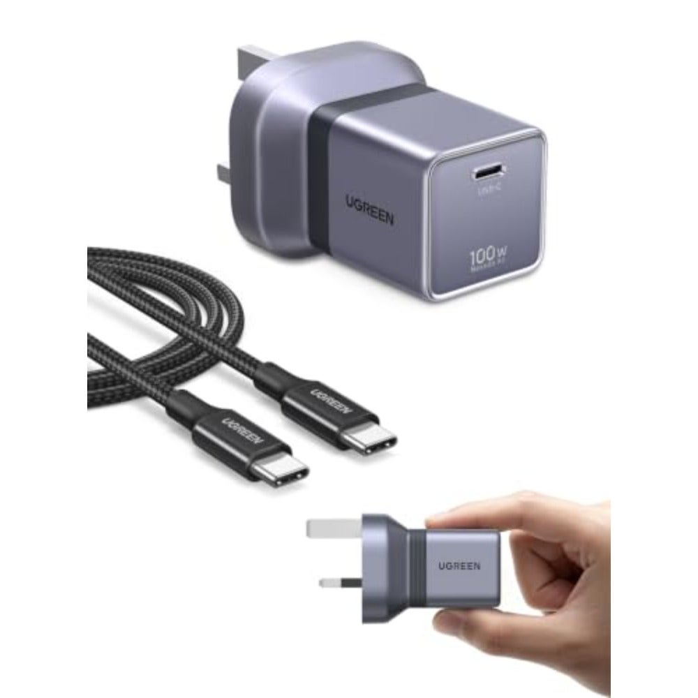 Fast charger for laptops and smartphones, aluminum alloy body, grey, 65W PD fast charging with included 100W USB-C cable 1m