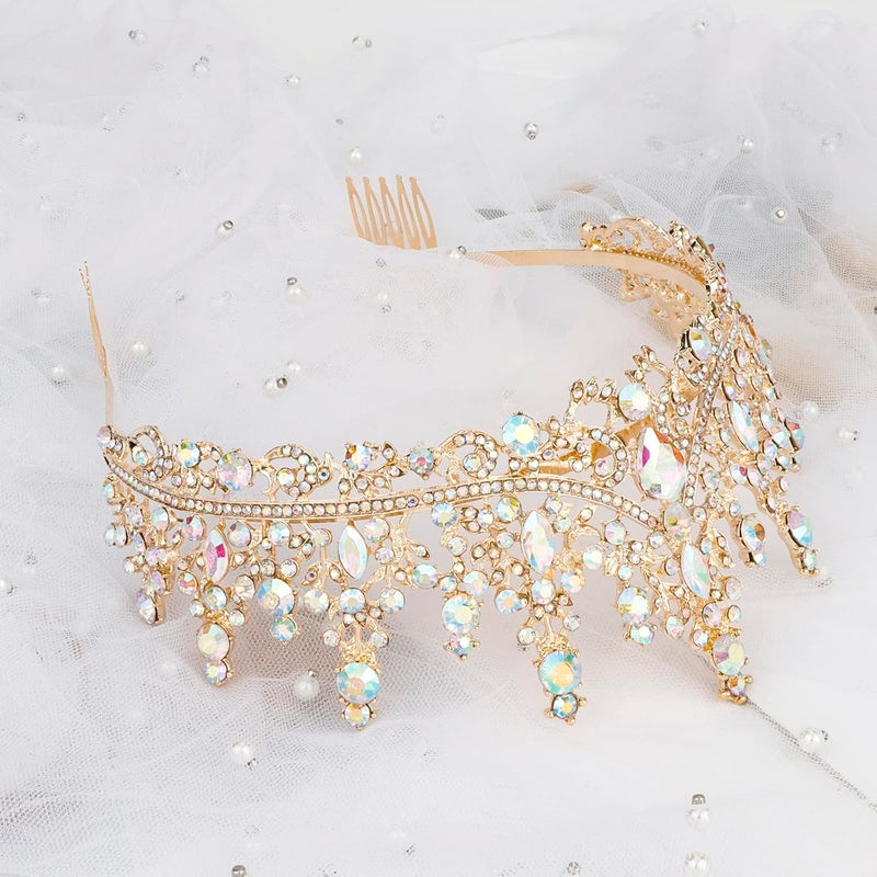 Cocide Gold Crowns for Women Tiaras Girls Golden Crystal Rhinestones Queen Crown Princess Tiara Party Wedding Bridal Halloween Costume Cosplay Bridesmaids Accessories, one size, AB Gold, Comb type - Image 2