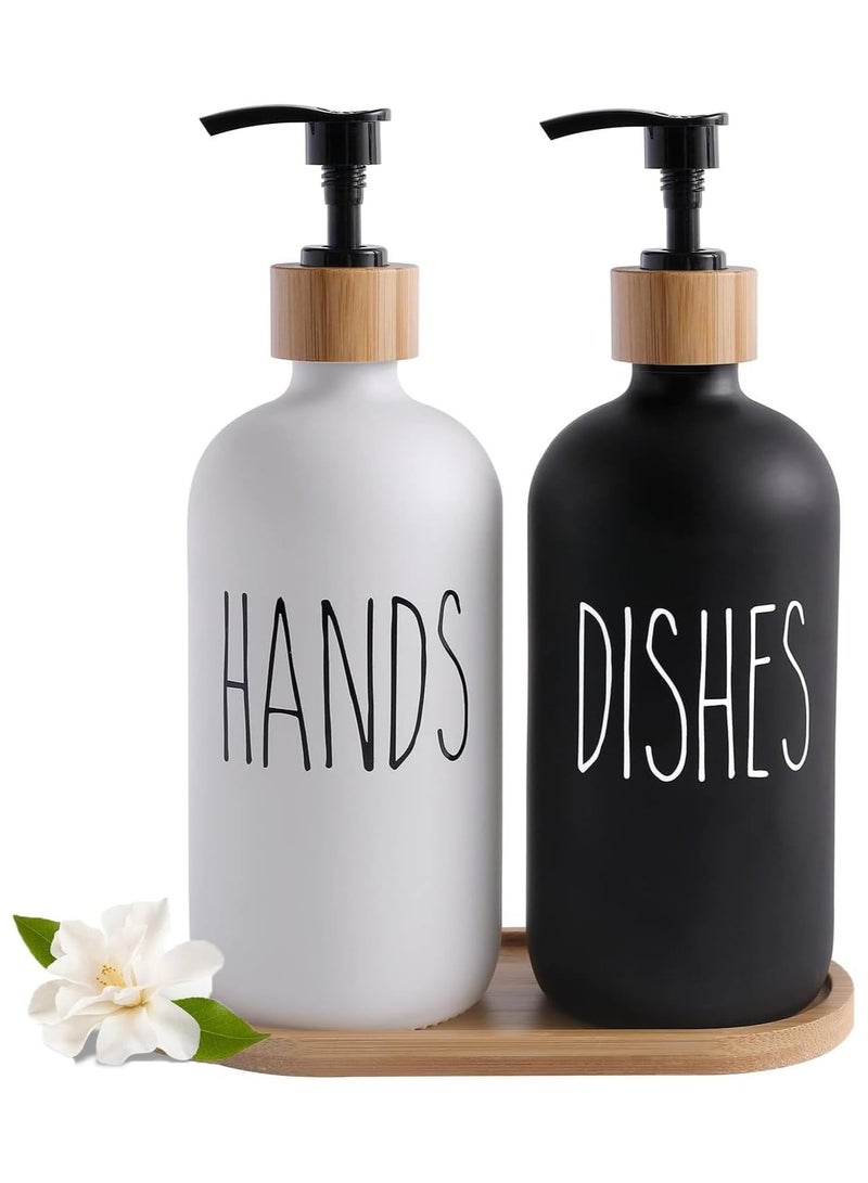 NANAO Glass Soap Dispenser Set, 2 Pack 500ml Hand and Dish Soap Dispenser Set with Bamboo Tray, Bottle Dispenser for Bathroom and Kitchen Farmhouse Decor, Rustic Kitchen Decor (Black & White) - Image 1