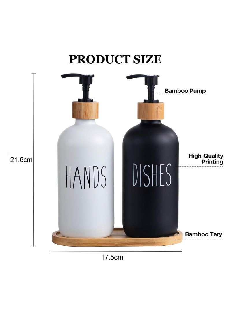 NANAO Glass Soap Dispenser Set, 2 Pack 500ml Hand and Dish Soap Dispenser Set with Bamboo Tray, Bottle Dispenser for Bathroom and Kitchen Farmhouse Decor, Rustic Kitchen Decor (Black & White) - Image 5