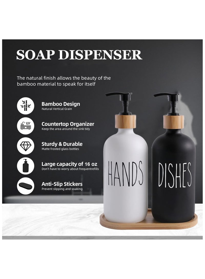NANAO Glass Soap Dispenser Set, 2 Pack 500ml Hand and Dish Soap Dispenser Set with Bamboo Tray, Bottle Dispenser for Bathroom and Kitchen Farmhouse Decor, Rustic Kitchen Decor (Black & White) - Image 2