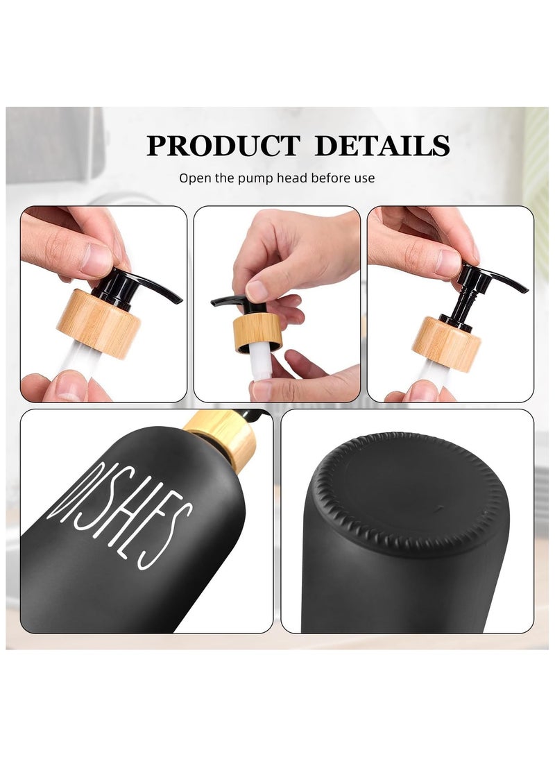NANAO Glass Soap Dispenser Set, 2 Pack 500ml Hand and Dish Soap Dispenser Set with Bamboo Tray, Bottle Dispenser for Bathroom and Kitchen Farmhouse Decor, Rustic Kitchen Decor (Black & White) - Image 4