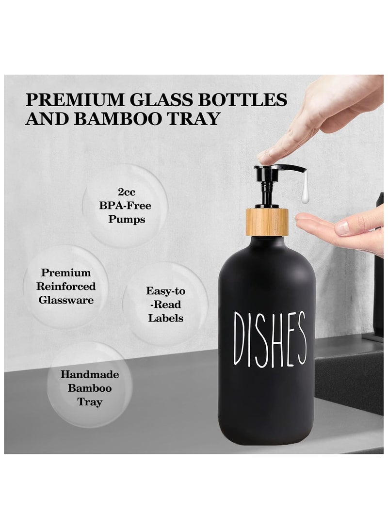 NANAO Glass Soap Dispenser Set, 2 Pack 500ml Hand and Dish Soap Dispenser Set with Bamboo Tray, Bottle Dispenser for Bathroom and Kitchen Farmhouse Decor, Rustic Kitchen Decor (Black & White) - Image 3