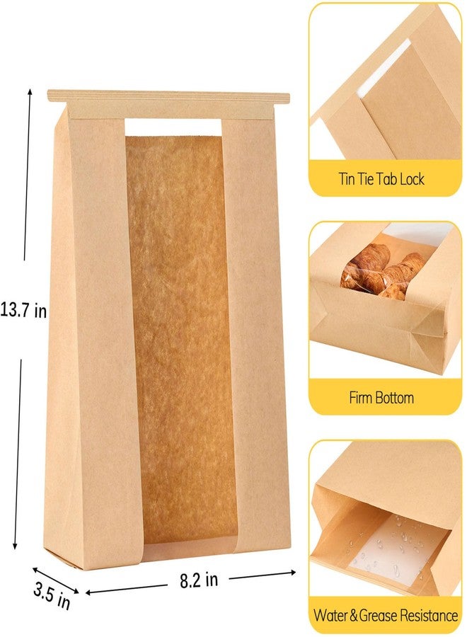 Ocmoiy 100Pcs Tin Tie Tab Lock Large Paper Bread Bags for Homemade Sourdough Bread Bags 13.7x8.2x3.5 Inch Resealable Bakery Bags with Window Thank You Stickers - Image 2
