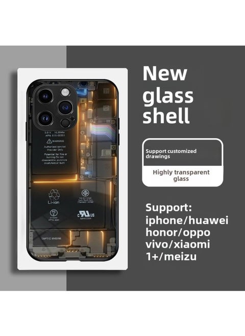 Circuit Board Phone Case For 13 14promax Creative 12 Cool 15 Model Glass Case Funny Digital Computer IPhone Protective Cover-Color:High Permeability Glass Shell-Graphite Black -997-Applicable Model: