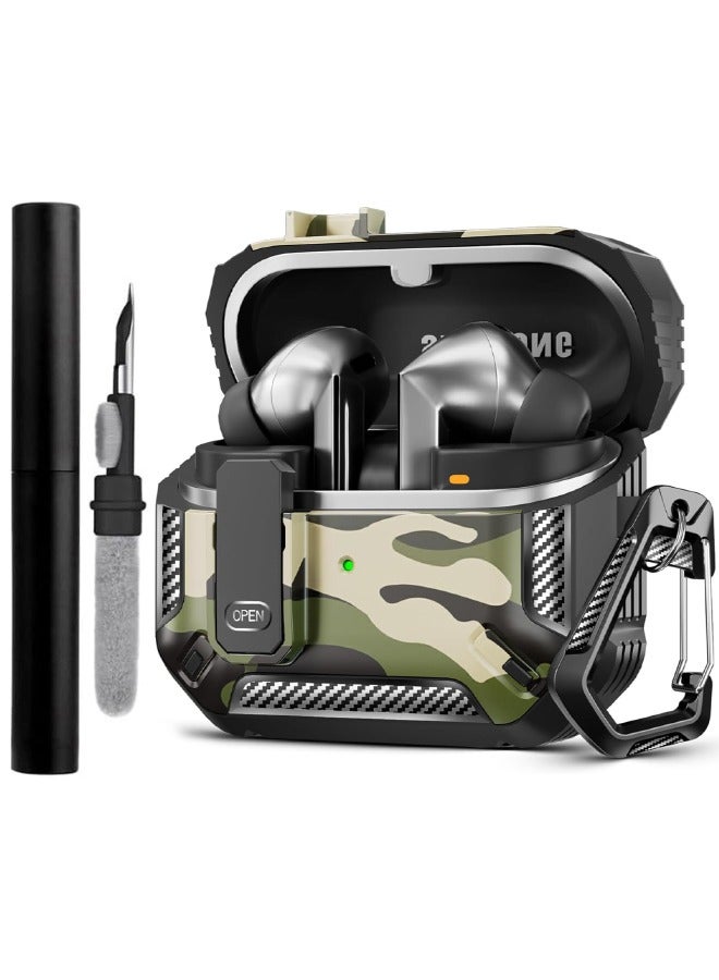 SPFYEAH Cover for Samsung Galaxy Buds 3/ Buds 3 Pro, with Secure Lock Clip & Keychain & Cleaner kit, Hard Shell Rugged Shockproof Carbon Fiber Protection Cover for Samsung Galaxy Buds 3 & 3 Pro (2024), Camo Green - Image 1