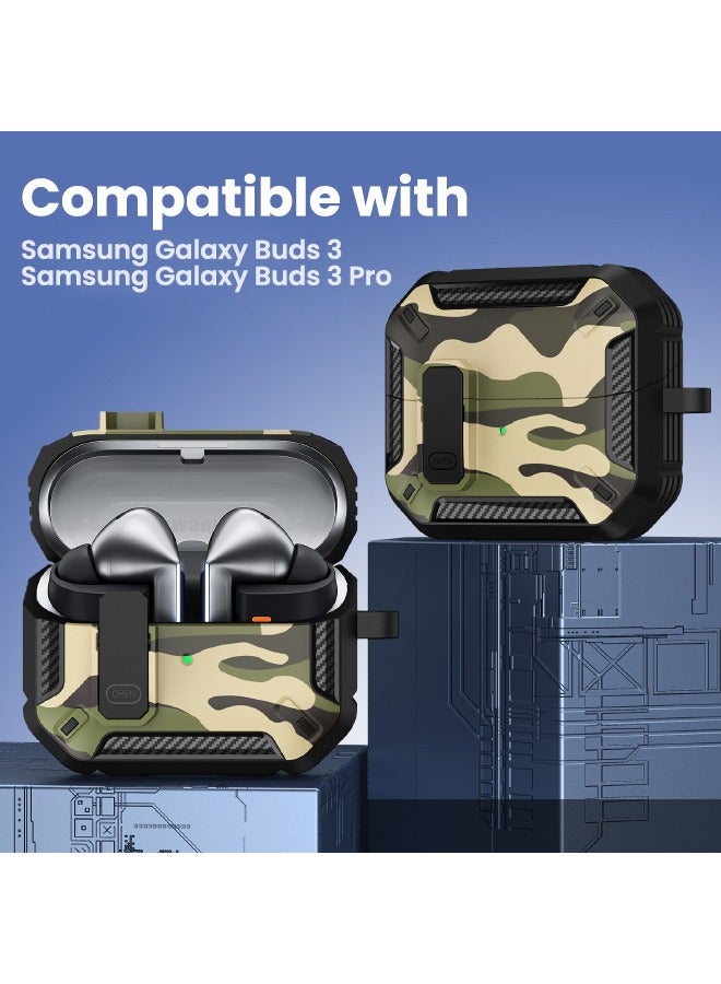 SPFYEAH Cover for Samsung Galaxy Buds 3/ Buds 3 Pro, with Secure Lock Clip & Keychain & Cleaner kit, Hard Shell Rugged Shockproof Carbon Fiber Protection Cover for Samsung Galaxy Buds 3 & 3 Pro (2024), Camo Green - Image 2