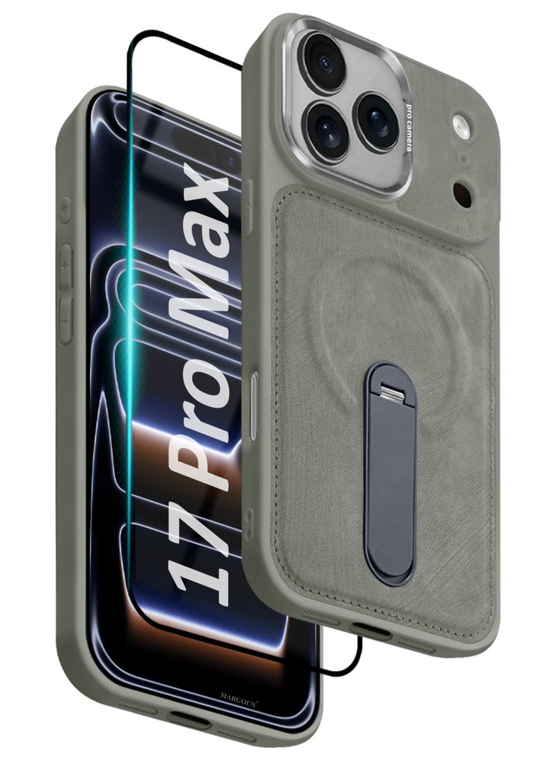 MAXORA 2 Pack Alcantara Soft Case for iPhone 17 Pro Max Case 6.9'' Compatible with Magsafe, One Case One 3D Screen Protector, Leather Protective Cover with Kickstand 360 Rotation - Grey - Image 1