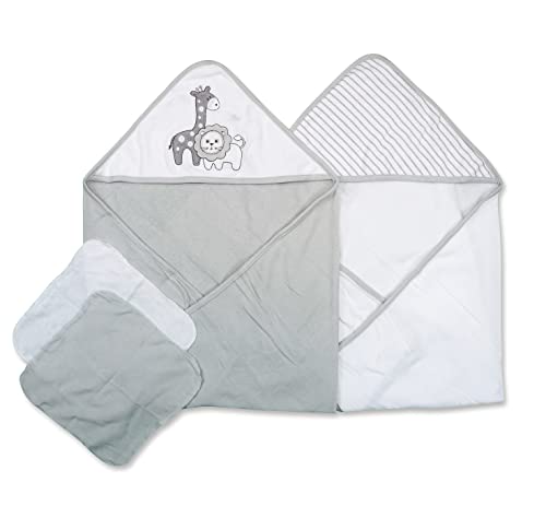 Spasilk Bath Hooded Towels Washcloths Set for Babies 2 Hooded Terry Bath Towels 2 Washcloths Grey Lion - Image 1