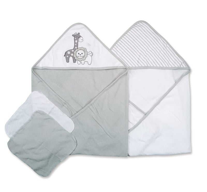 Spasilk Bath Hooded Towels Washcloths Set for Babies 2 Hooded Terry Bath Towels 2 Washcloths Grey Lion - Image 3