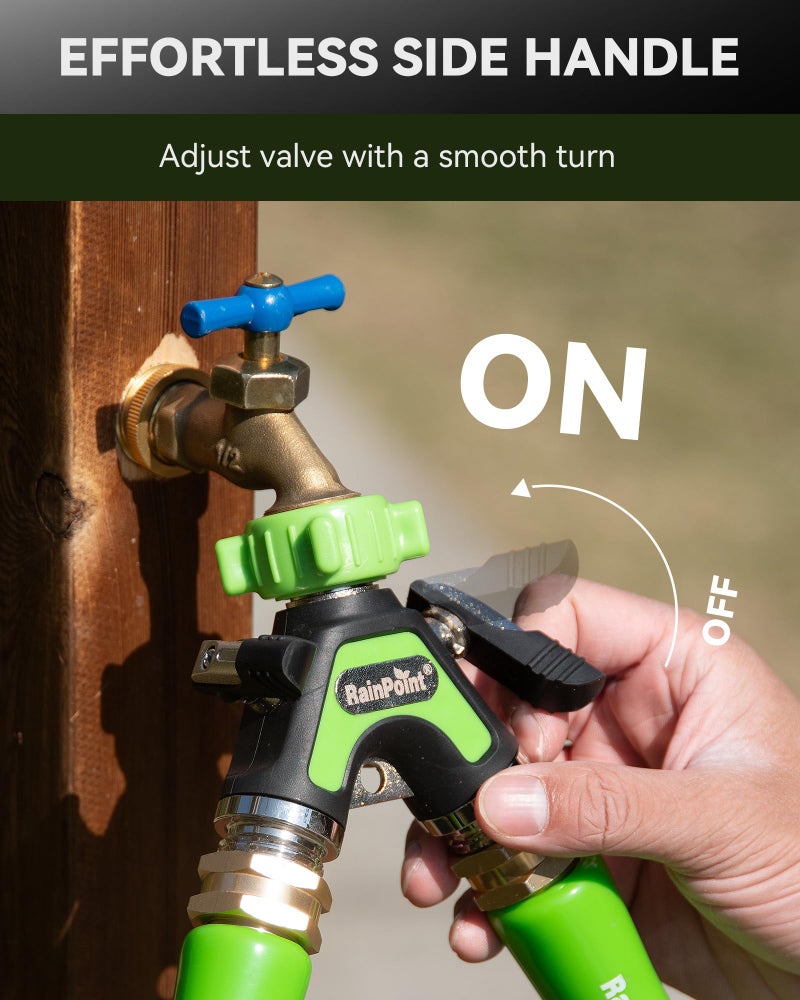 RAINPOINT Garden Hose Splitter 2 Way, All Metal Heavy Duty Water Hose Y Splitter With 2.05" Extra Long Side Handle & Shut Off Valves, 3/4 Inch GHT Thread Connector For Outdoor Spigot Faucet (Green) - Image 4
