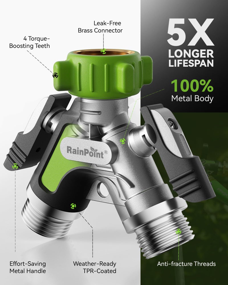 RAINPOINT Garden Hose Splitter 2 Way, All Metal Heavy Duty Water Hose Y Splitter With 2.05" Extra Long Side Handle & Shut Off Valves, 3/4 Inch GHT Thread Connector For Outdoor Spigot Faucet (Green) - Image 3