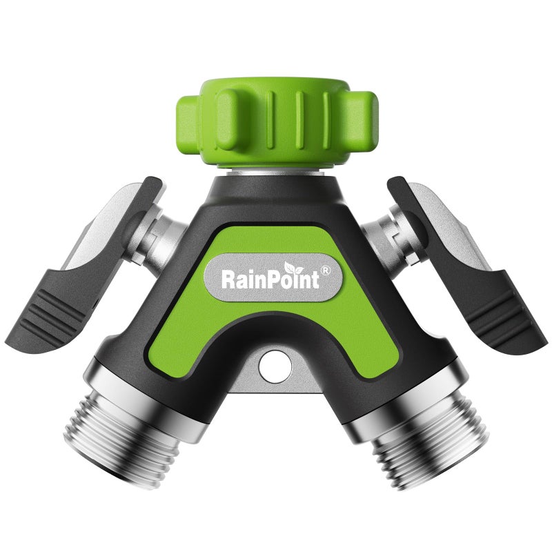 RAINPOINT Garden Hose Splitter 2 Way, All Metal Heavy Duty Water Hose Y Splitter With 2.05" Extra Long Side Handle & Shut Off Valves, 3/4 Inch GHT Thread Connector For Outdoor Spigot Faucet (Green) - Image 1