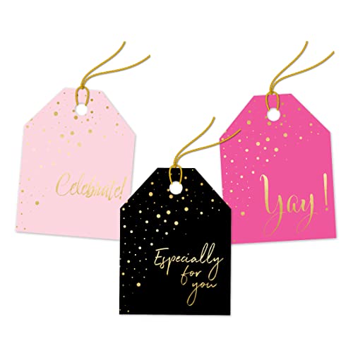 Pro Supply Global 24 Count of 2.5 Inch x 3 Inch Pre Strung Gold Confetti Gift Tag Assorted Printed Designs on Large Cardstock Gift Hang Tags - Ideal to Use on Bags - Image 1