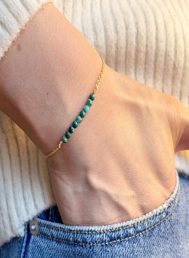 DeScount Dainty Beaded Turquoise Bar Bracelet,18K Gold Plated Delicate Cute Handmade Faceted Natural Turquoise Stone Bracelet for Women - Image 2