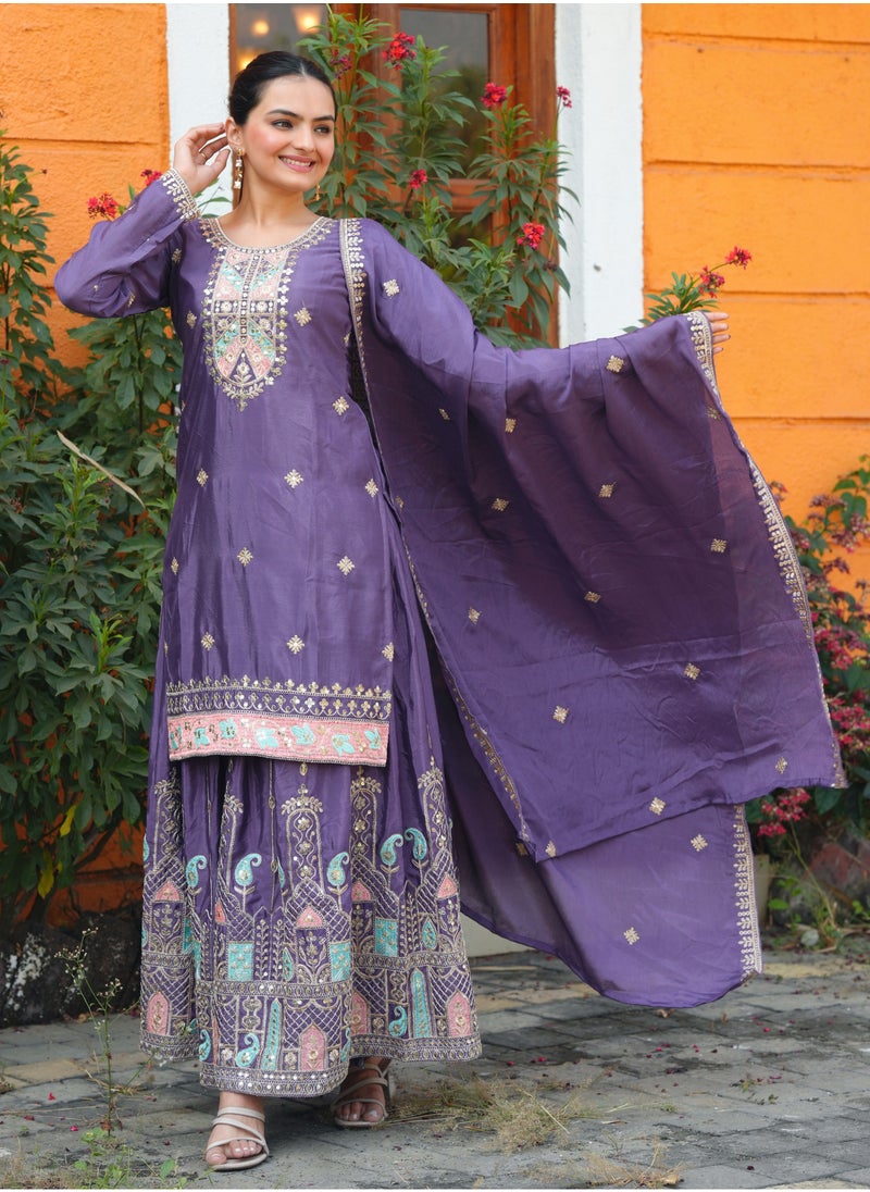 Super Asian Presenting a New Designer Embroidered Chinnon Sharara Suit with Sequence Embroidered Work  - Image 2