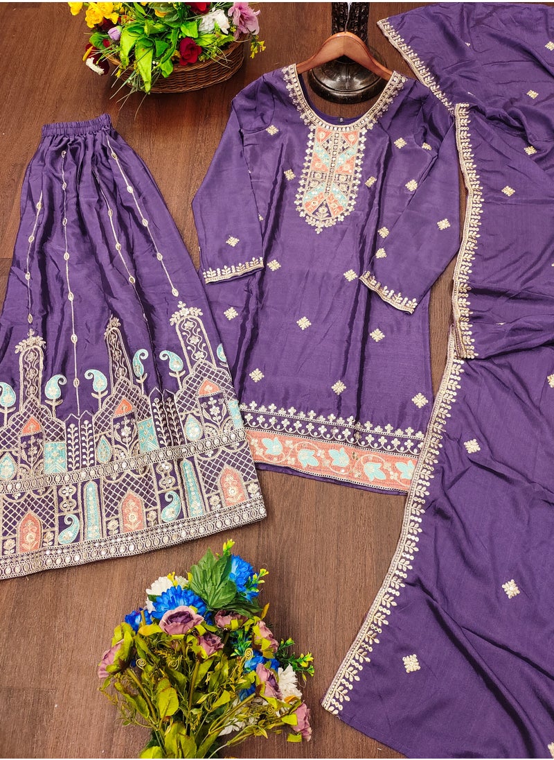 Super Asian - Presenting a New Designer Embroidered Chinnon Sharara Suit with Sequence Embroidered Work - Image 1