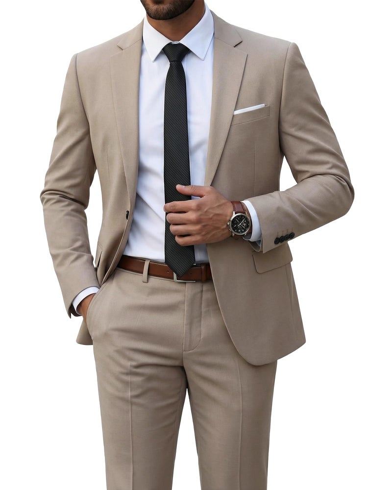 YND Men's 2 Piece Suit with Tie, One Button Slim Fit Solid Jacket and Pants Set, Suits for Men Prom Party Wedding & Business, Beige - Image 1