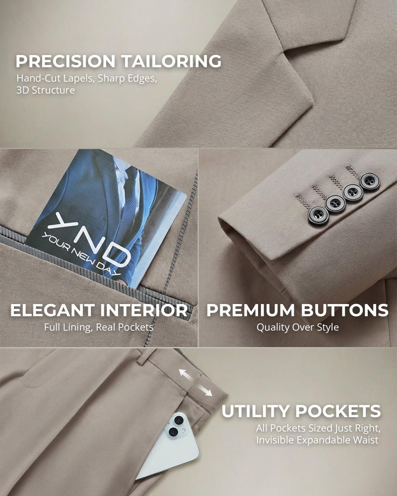 YND Men's 2 Piece Suit with Tie, One Button Slim Fit Solid Jacket and Pants Set, Suits for Men Prom Party Wedding & Business, Beige - Image 4