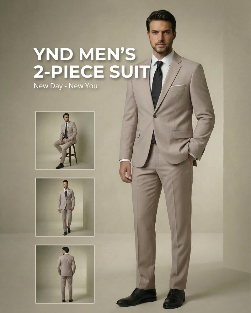 YND Men's 2 Piece Suit with Tie, One Button Slim Fit Solid Jacket and Pants Set, Suits for Men Prom Party Wedding & Business, Beige - Image 2
