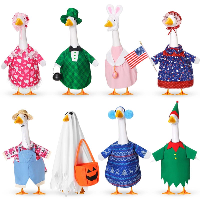Silicherry 8 Set Seasonal Holiday Goose Outfits Christmas Valentine's Day Summer All Seasons Lawn Porch Goose Clothes Costume for 23" Cement Statue Garden Patio Outdoor Decor (Funny Style,23inch) - Image 1