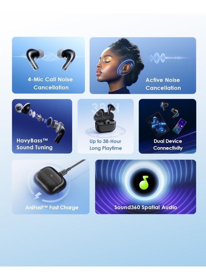 Oraimo SpaceBuds Z Active Noise Cancelling Bluetooth Earphones, Sound360 Spatial Audio True Wireless Earbuds,4 Mics for AI Clear Calls,38H Playtime,Dual Device Connectivity, Customization via App Black - Image 3