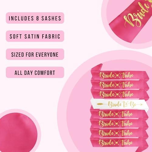 Bachelorettesy Bride Tribe Bridesmaids Satin Sashes 8 Pack for Bridal Shower Decorations, Bachelorette Party Favors and Girls' Night - Pink Set - Image 2