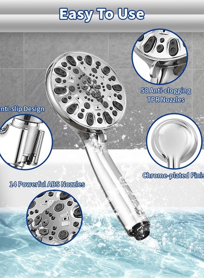VMASSTONE High Pressure Handheld Shower Head 7-Spray Setting Showerhead Kit with 59" Stainless Steel Hose and Adjustable Mount for Showering Enjoyment Even at Low Water Flow (HM-002 Chrome) - Image 4