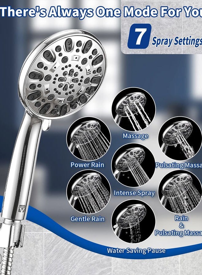 VMASSTONE High Pressure Handheld Shower Head 7-Spray Setting Showerhead Kit with 59" Stainless Steel Hose and Adjustable Mount for Showering Enjoyment Even at Low Water Flow (HM-002 Chrome) - Image 2