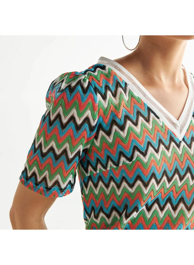 Splash FAV Chevron Textured V-neck T-shirt with Puff Sleeves