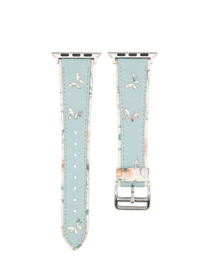 بيوينتي ساعة آبل آي ووتش 6/7/8 مع حزام جلد بطبعة فراشة، 38/40/41 مم، أزرق فاتح