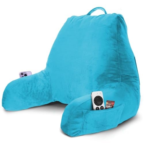 Nestl Reading Pillow with Shredded Memory Foam Designed for Sitting Up in Bed and Couch Back and Arms Adjustable Support for Adult Teens Backrest Pillows for Reading Washable Cover Bright Blue
