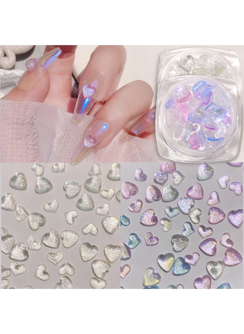 BASEMMAHER 2 Jars Heart Nail Art Charms Mixed Size Crystal Jewelry 3D Shiny Aurora Love Hearts Nails Gems Rhinestones for Women Valentines Day Acrylic Nail Decoration Supplies Craft DIY Accessories 