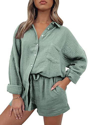 AUTOMET 2 Piece Sets For Women Lounge Wear Matching Two Piece Pajama Fashion Oversized Shirts And Shorts Spring Outfit 2025 01Green S - Image 1
