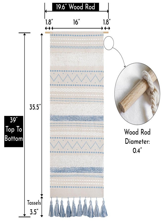 BlissBlush Long Vertical Wall Hanging Tapestry Coastal Blue Woven Boho Farmhouse Décor Tassel Handmade Wall Art Decoration for Bedroom Living Room Dorm Nursery Apartment, 16x39 INCH - Image 3