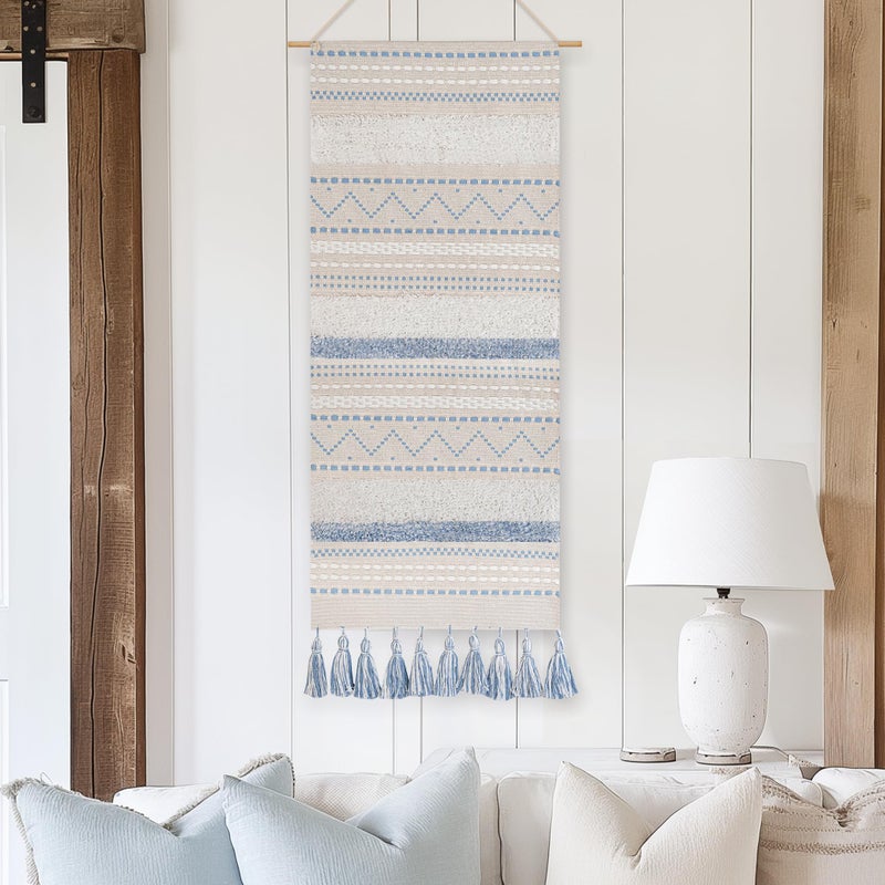 BlissBlush Long Vertical Wall Hanging Tapestry Coastal Blue Woven Boho Farmhouse Décor Tassel Handmade Wall Art Decoration for Bedroom Living Room Dorm Nursery Apartment, 16x39 INCH - Image 1