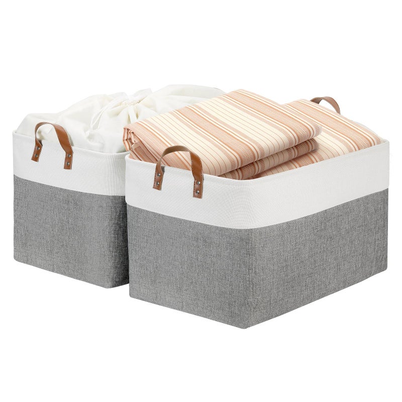 DULLEMELO Extra Large Storage Baskets for Organizing 22x15x13 Foldable Fabric Storage Baskets Organizer Bins with Handles Large Storage Basket for Shelves Closet Toys Books WhiteGrey