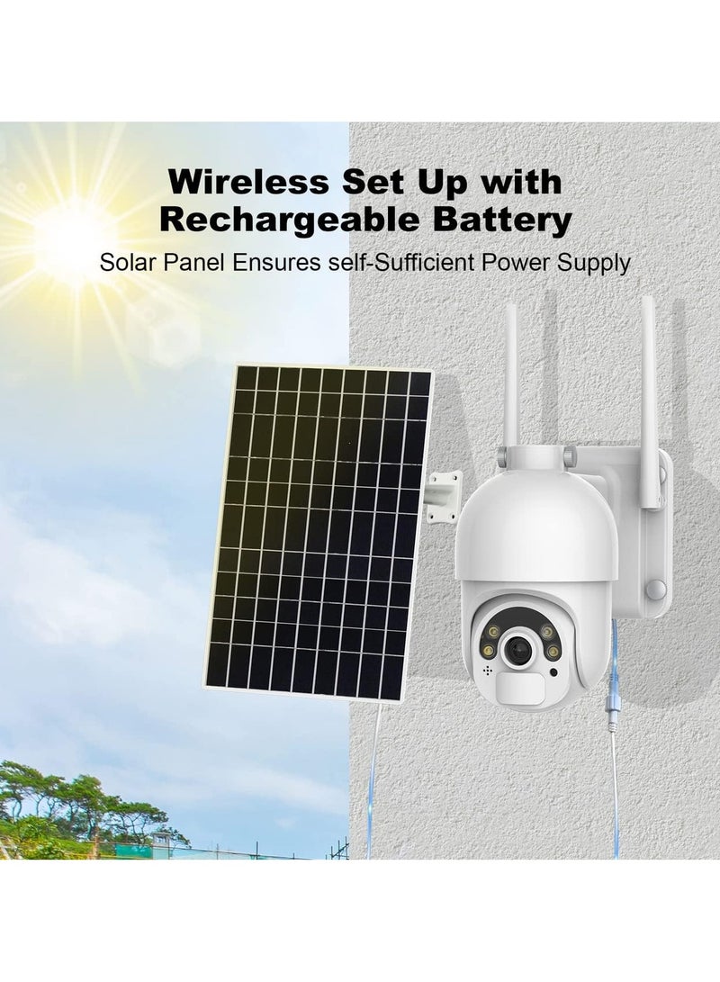 AROAQ كاميرا مراقبة خارجية تعمل بالطاقة الشمسية لاسلكية تعمل بالواي فاي بدقة 1080 بكسل مع تقريب PTZ بزاوية 360 درجة، رؤية ليلية، كشاف، صوت ثنائي الاتجاه، تخزين سحابي أو بطاقة SD، تطبيق Tuya Smart، أبيض - Image 2
