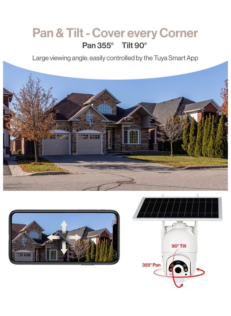 AROAQ كاميرا مراقبة خارجية تعمل بالطاقة الشمسية لاسلكية تعمل بالواي فاي بدقة 1080 بكسل مع تقريب PTZ بزاوية 360 درجة، رؤية ليلية، كشاف، صوت ثنائي الاتجاه، تخزين سحابي أو بطاقة SD، تطبيق Tuya Smart، أبيض - Image 4