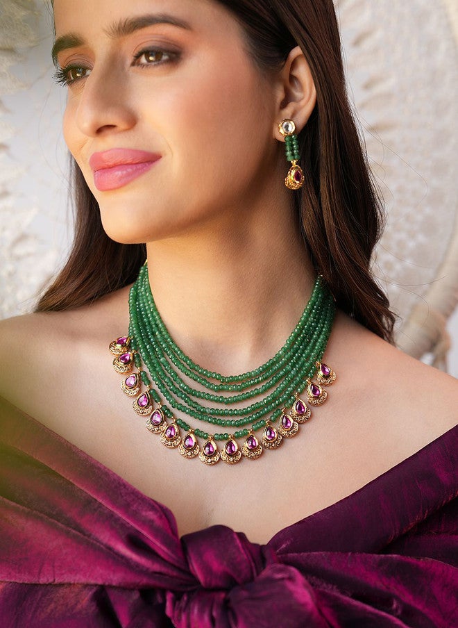 Binnis Wardrobe Gold Plated Kundan Studded & Pearl Beaded Necklace With Earrings - Image 1