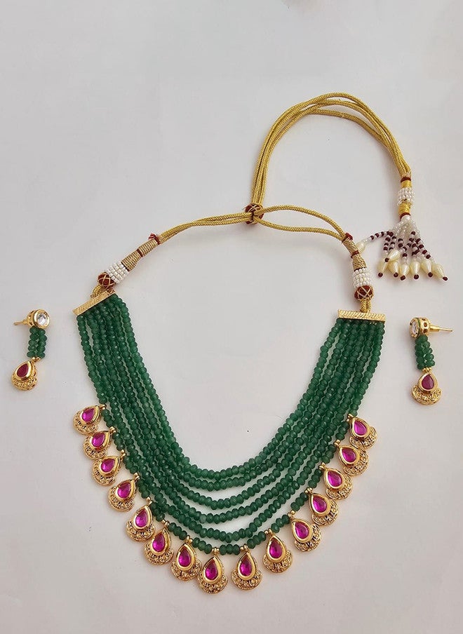 Binnis Wardrobe Gold Plated Kundan Studded & Pearl Beaded Necklace With Earrings - Image 3