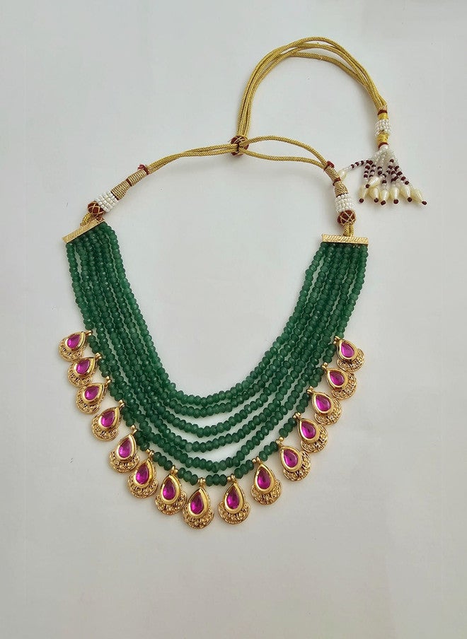 Binnis Wardrobe Gold Plated Kundan Studded & Pearl Beaded Necklace With Earrings - Image 4