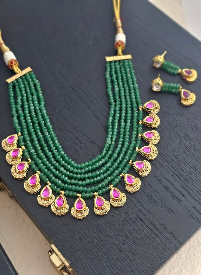 Binnis Wardrobe Gold Plated Kundan Studded & Pearl Beaded Necklace With Earrings - Image 2