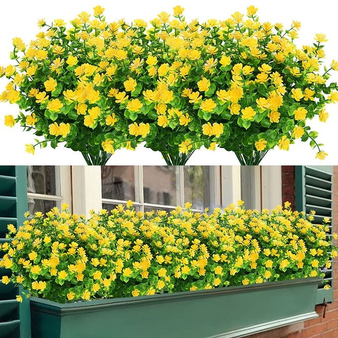 24 BUNDLES OUTDOOR ARTIFICIAL FAKE FLOWERS NO FADE UV RESISTANT FAUX PLASTIC PLANTS FOR HANGING PLANTER PATIO YARD WEDDING INDOOR HOME KITCHEN FARMHOUSE DCOR YELLOW