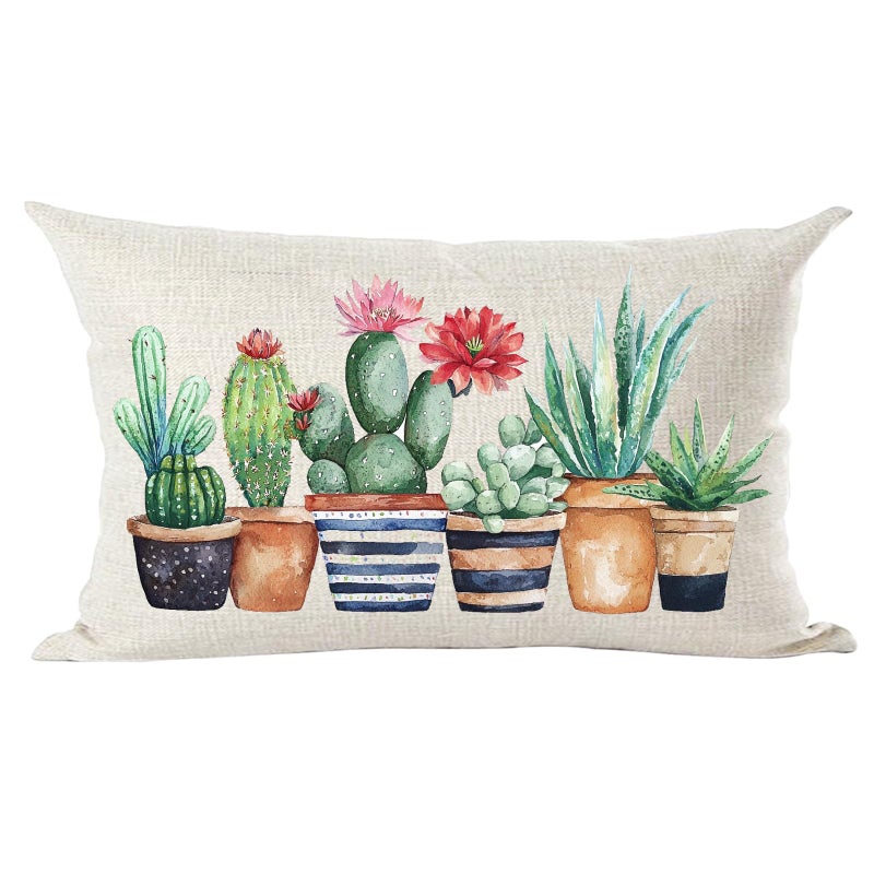 Ramirar Ink Oil Painting Watercolor Green Blue Cactus Potted Plants Summer Decorative Lumbar Throw Pillow Cover Case Home Living Room Bed Sofa Car Cotton Linen Rectangular 12 x 20 Inches