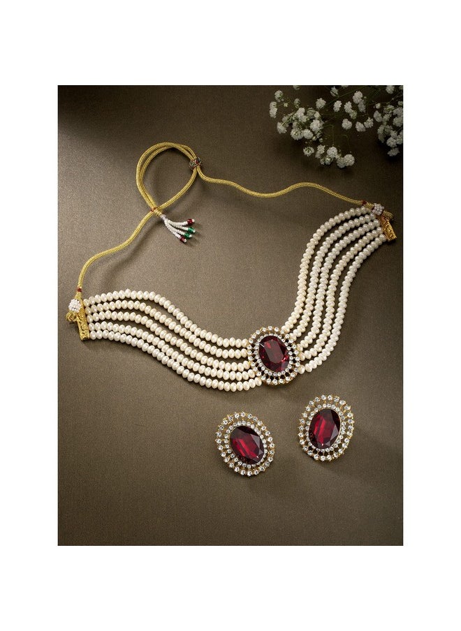 I Jewels - I Jewels Gold Plated Traditional Stone Studded Pearl Choker Necklace Jewellery Set For Women/Girls (ML316M) - Image 1