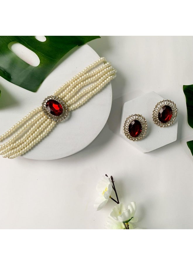 I Jewels - I Jewels Gold Plated Traditional Stone Studded Pearl Choker Necklace Jewellery Set For Women/Girls (ML316M) - Image 1