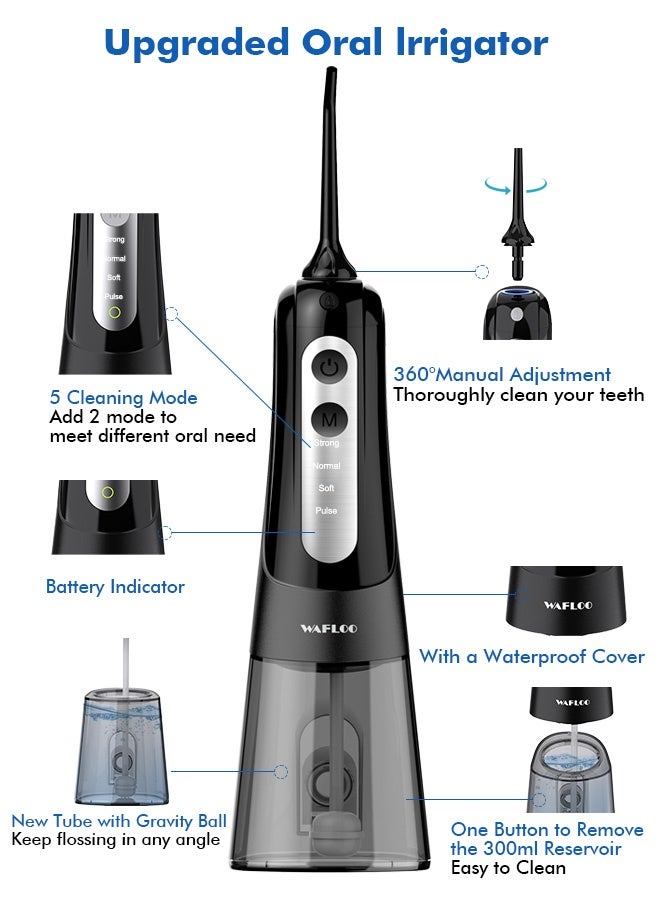 WAFLOO Cordless Water Dental Flosser for Teeth, with 4 Jet Tips, 300ML Tank Oral Irrigator Portable with 4 Modes IPX7 Waterproof Rechargeable Water Floss for Home Travel, Adults Teeth Cleaning (Black) - Image 3